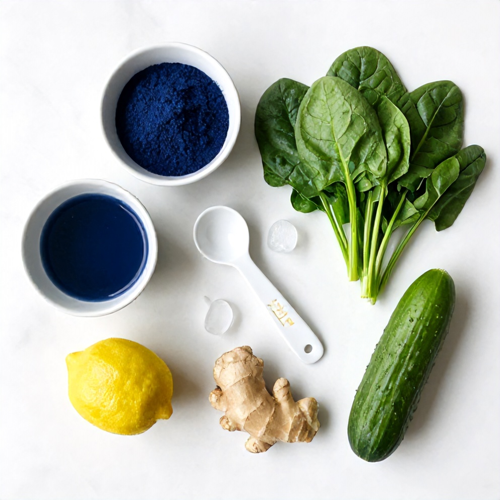 Blue spirulina powder, fresh spinach, cucumber, lemon, ginger, and ice cubes arranged on a white marble surface
