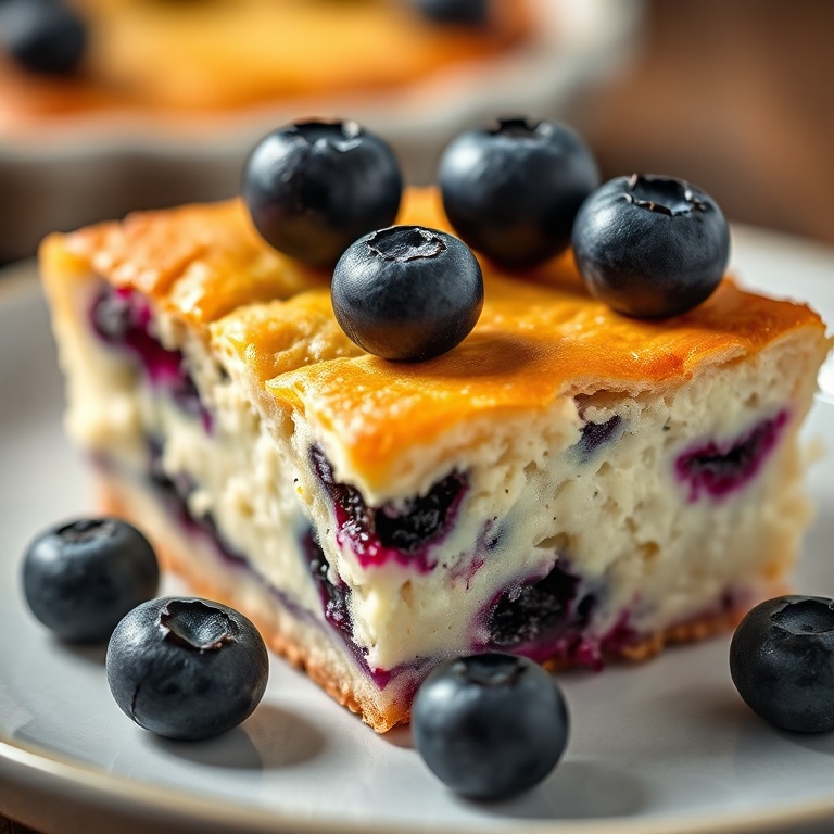 A slice of blueberry cottage cheese bake with a golden crust and fresh blueberries on top