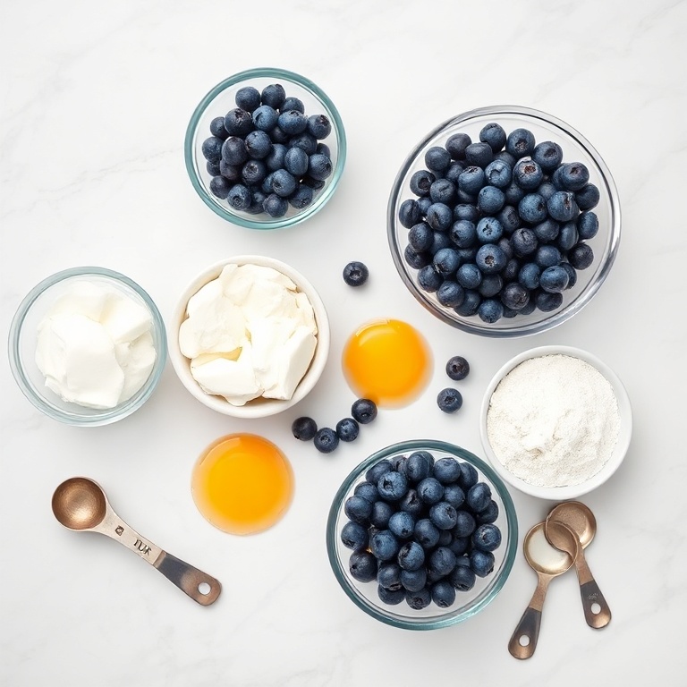 Fresh blueberries, cottage cheese, flour, sugar, and eggs arranged neatly in a flat lay