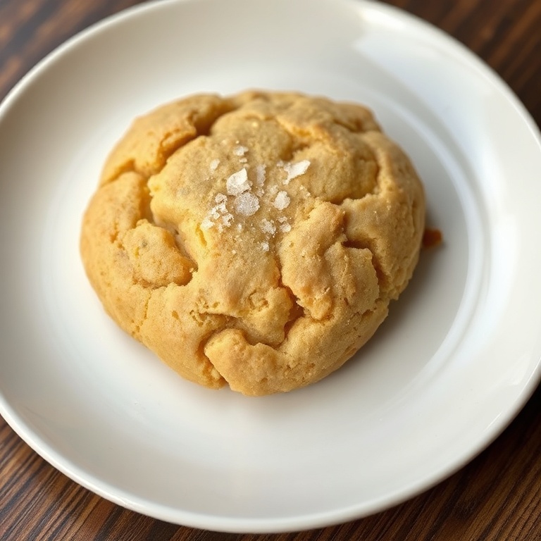 One perfect sourdough discard cookie plated on a white ceramic plate. Garnish is a sprinkle of sea salt. Close crop showing texture. Warm side lighting highlighting edges. Photorealistic food photography style.