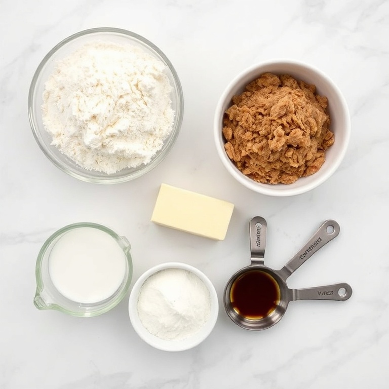 All raw ingredients for sourdough discard cookies arranged in an overhead flat lay. Flour, brown sugar, butter, sourdough starter, and vanilla extract prominent. Measuring spoons and bowls visible. White marble surface. Bright even light.