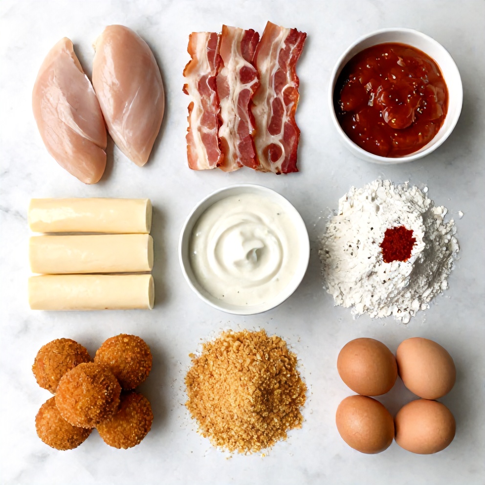 Raw ingredients for Buffalo Chicken Bacon Mozzarella Bombs on a white marble surface