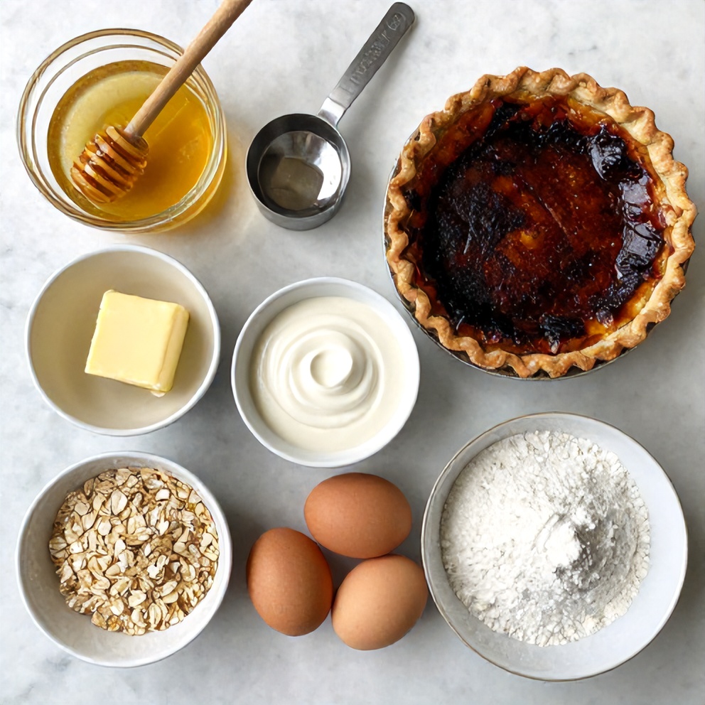 Raw ingredients for Burnt Honey Pie with Flaky Oat Crust on a marble surface