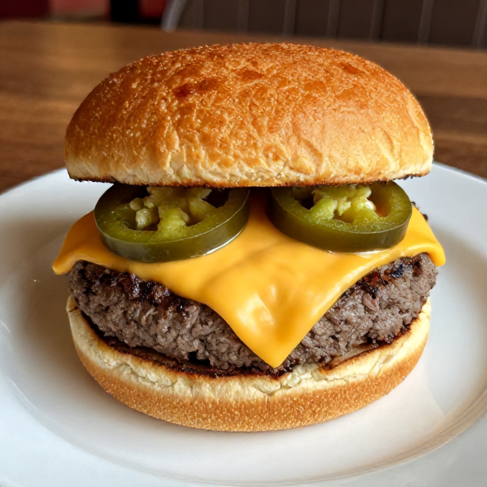 Plated Cheddar Jalapeño Burger with crispy bun, melty cheese, and jalapeño slices
