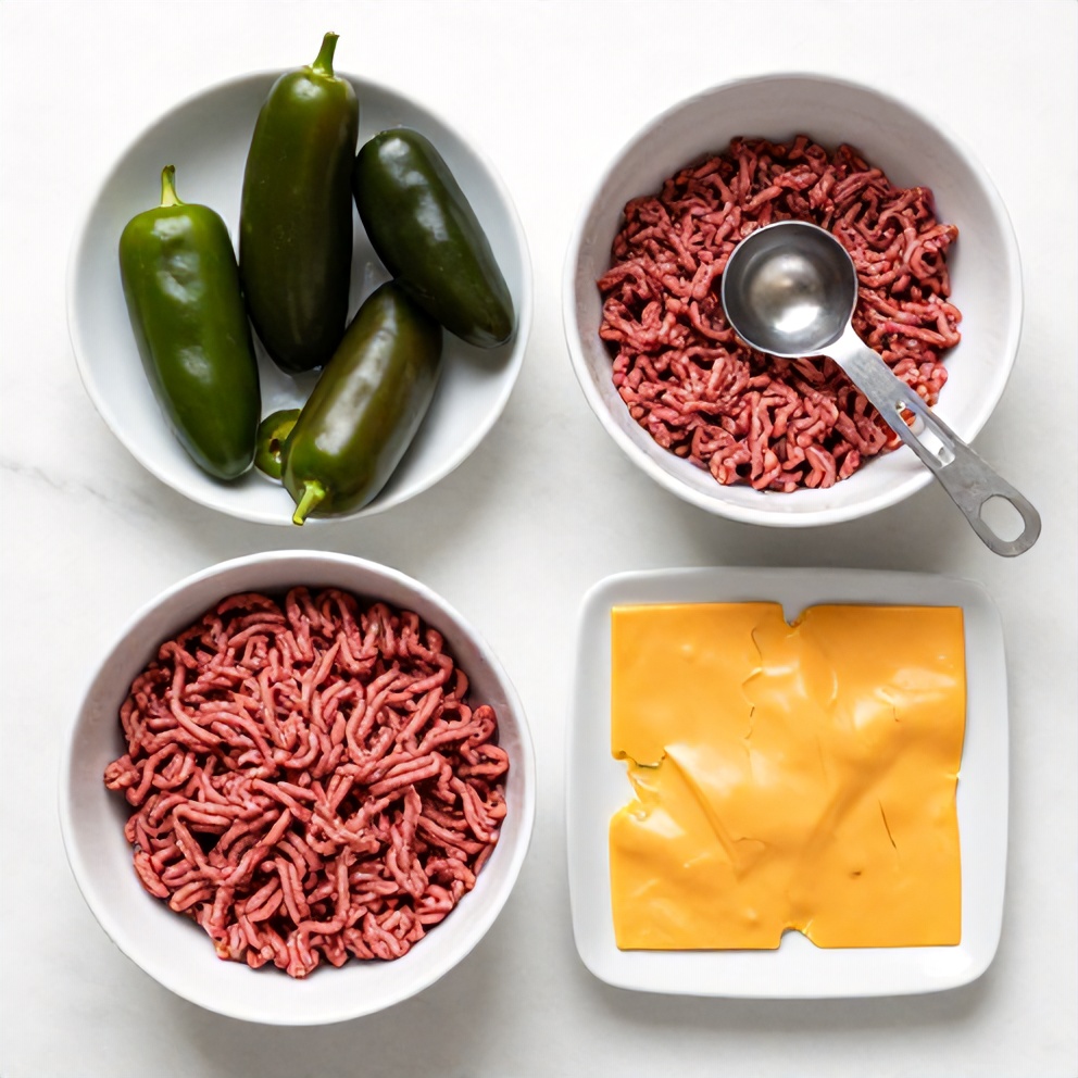 Raw ingredients for Cheddar Jalapeño Burgers including ground beef, jalapeños, and cheddar cheese