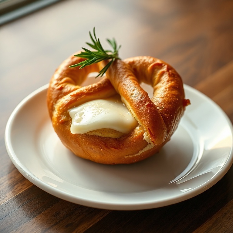 A crisp pretzel on a white ceramic plate, topped with a rosemary sprig, steam curling upward with warm side lighting highlighting the golden crust