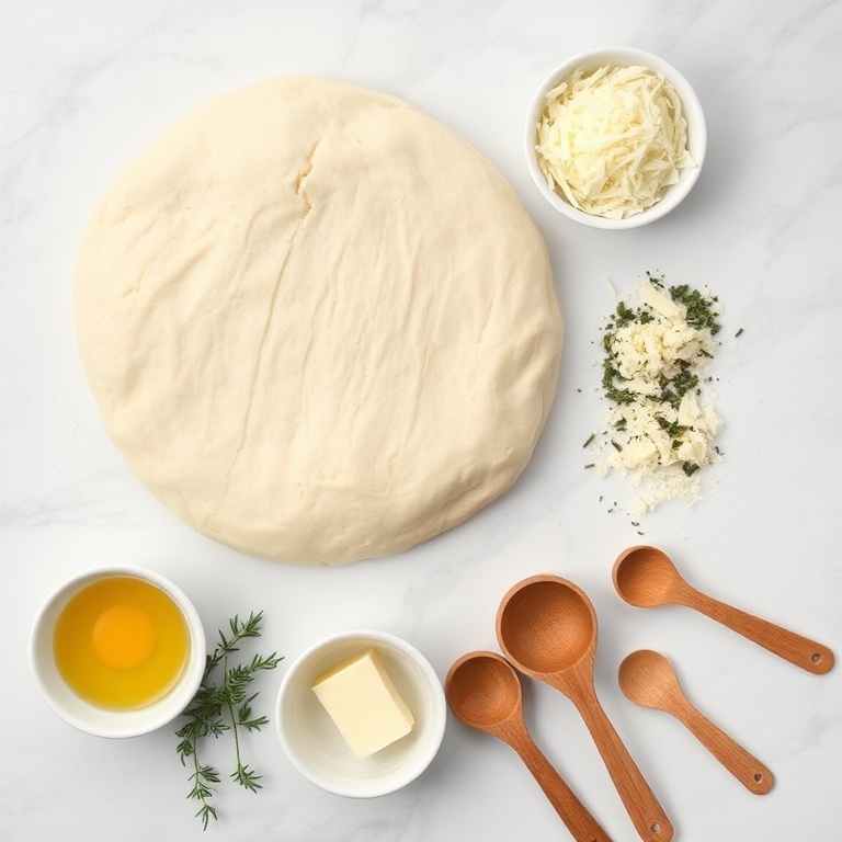 Overhead flat lay with dough, mozzarella, Parmesan, rosemary, butter, egg, measuring cups, spoons on a white marble surface