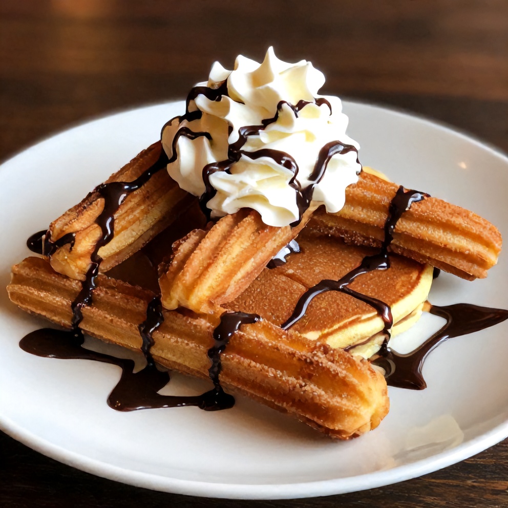 Stack of cinnamon sugar churro pancakes with whipped cream and a drizzle of chocolate syrup