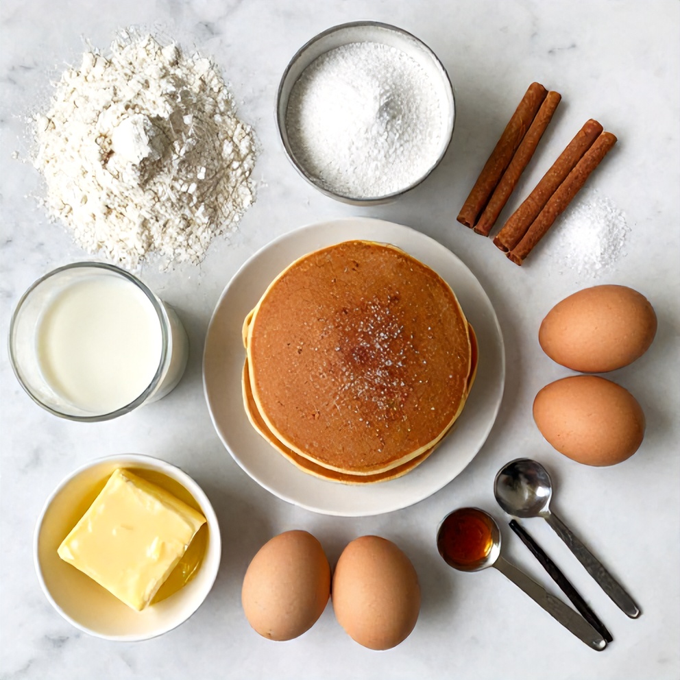 Raw ingredients for cinnamon sugar churro pancakes on a marble surface
