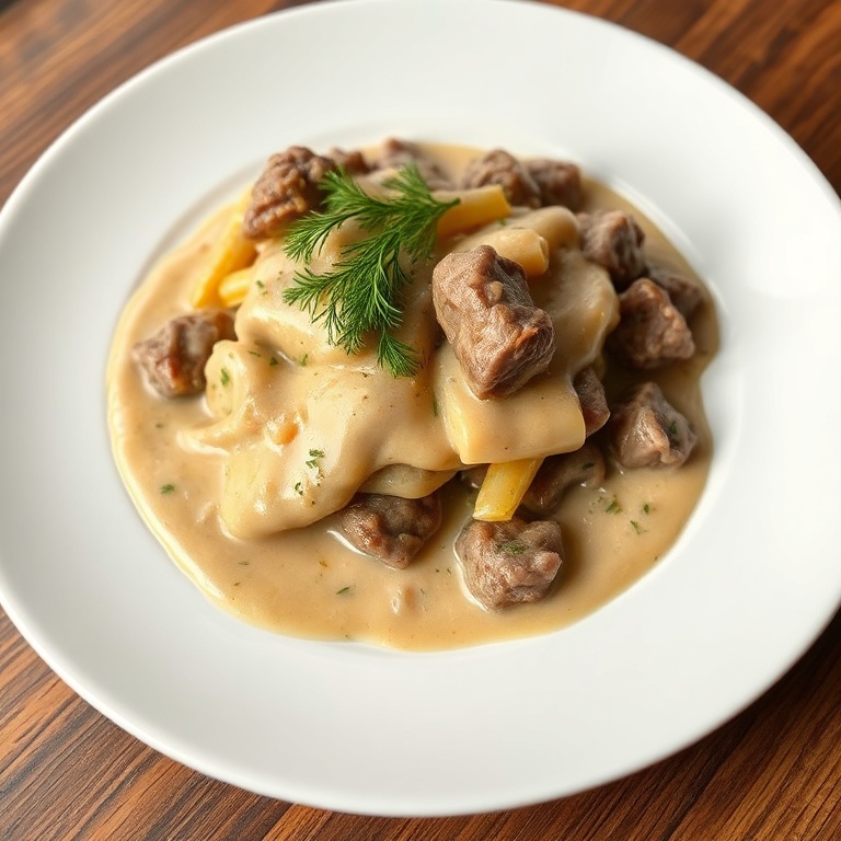 A single serving of beef stroganoff on a white plate. Garnished with fresh dill. Sauce drips slightly, showing its creaminess.