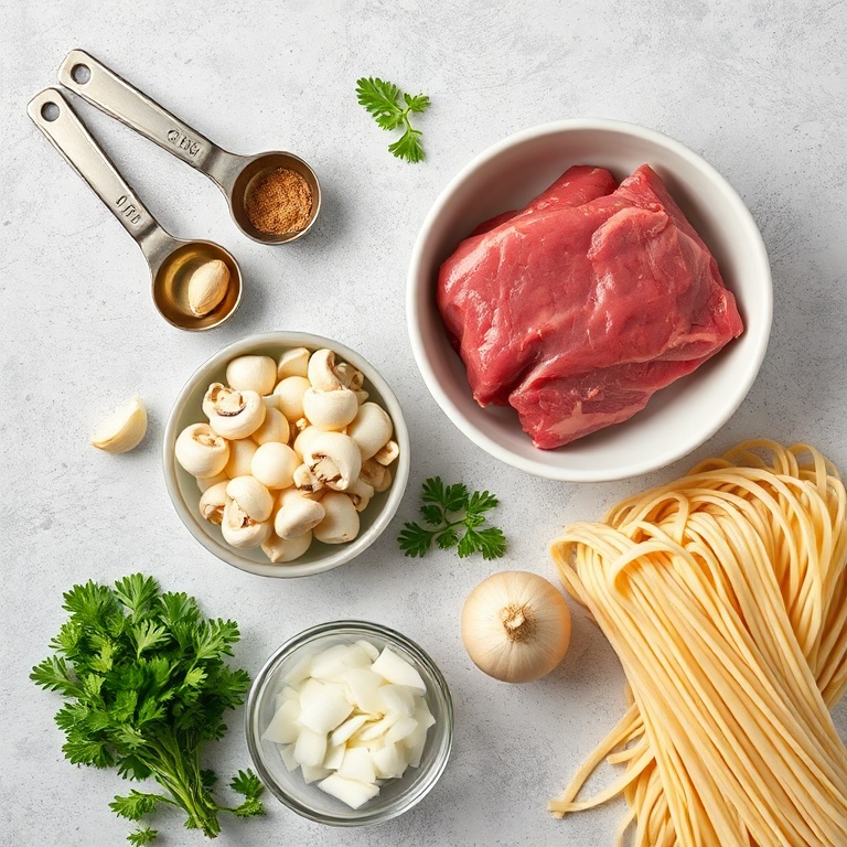 Raw ingredients for beef stroganoff: beef sirloin, mushrooms, onions, garlic, sour cream, and noodles. Measuring spoons and bowls visible.