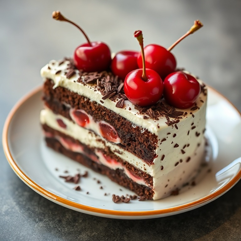 One perfect plated serving of Classic Black Forest Cake. Topped with fresh cherries and chocolate shavings. Close crop, food fills 90% of frame. Warm side lighting showing texture. No text or watermark.