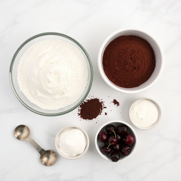 Overhead flat lay of the raw ingredients for Classic Black Forest Cake. Flour, sugar, cocoa powder, cherries, and butter visible. Measuring spoons and cups nearby. White marble surface. Bright even light.