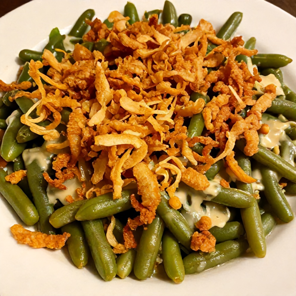 Plated green bean casserole with fried onions