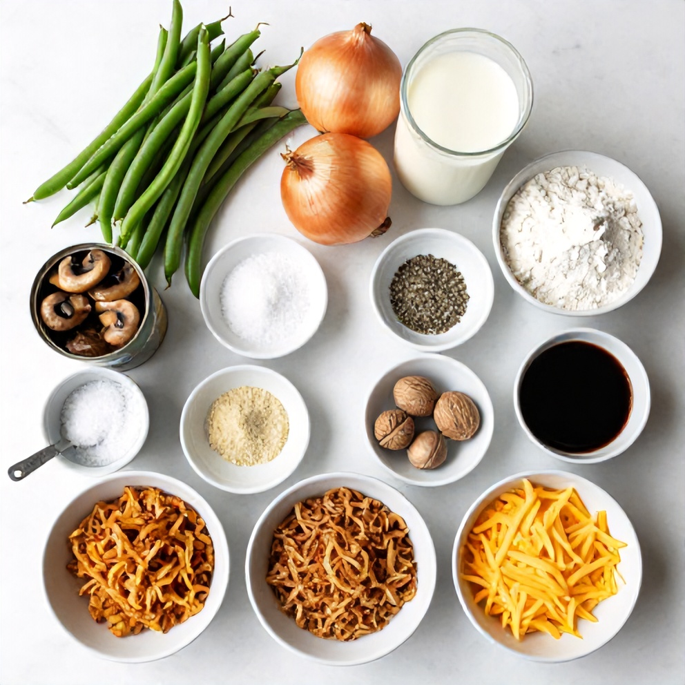 Raw ingredients for green bean casserole
