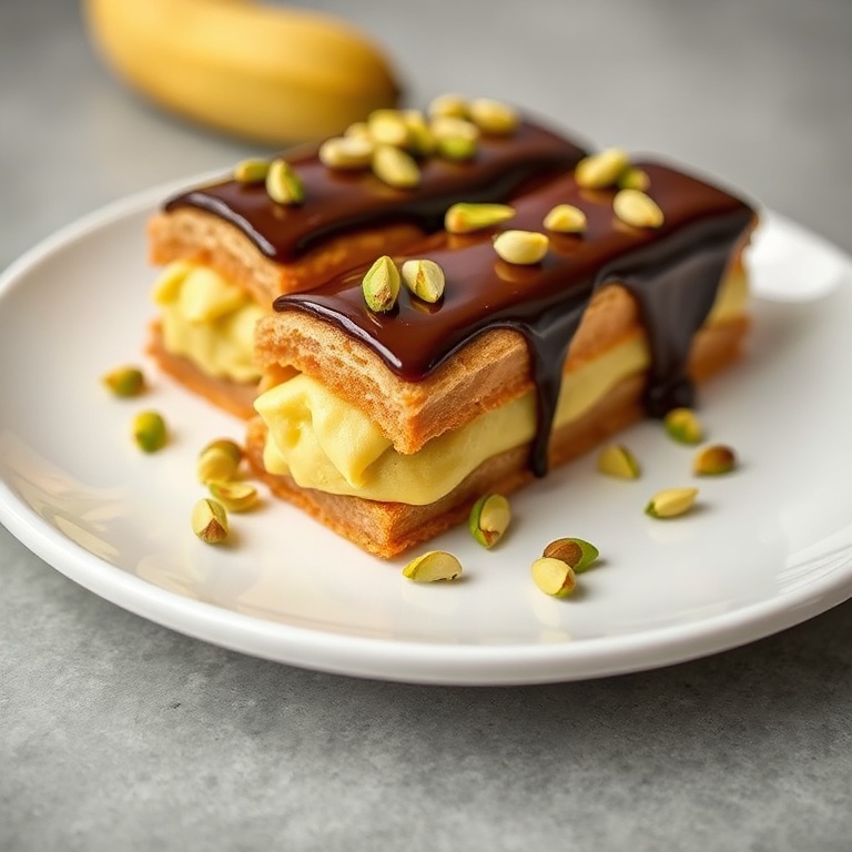 Perfectly plated pistachio éclairs with chocolate glaze. Garnished with pistachios on a white porcelain plate.