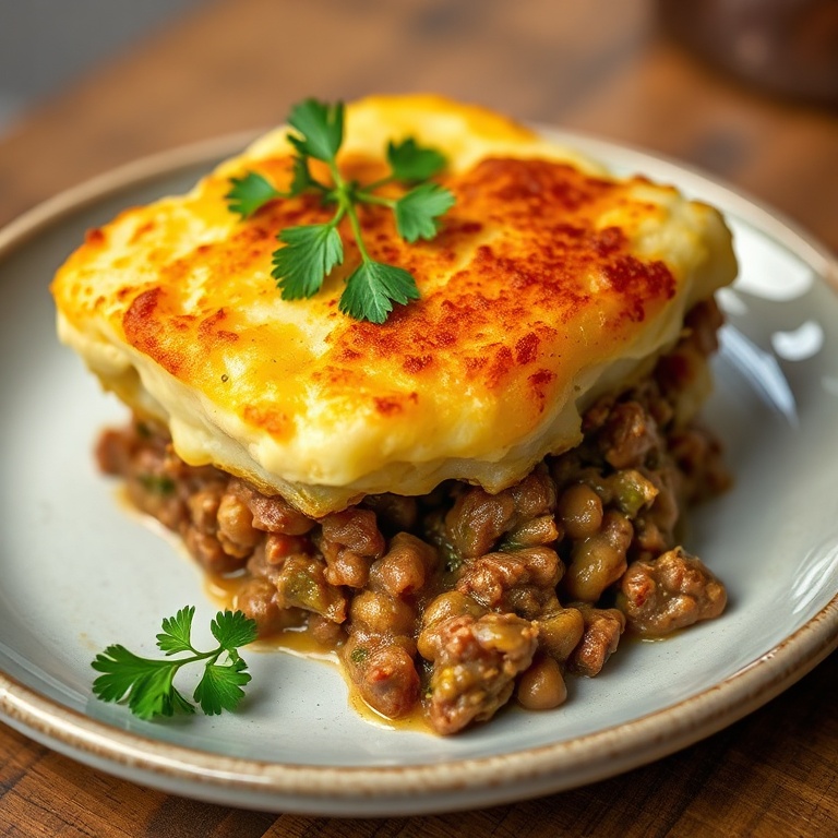 Perfectly plated Classic Shepherd's Pie with crispy mashed potato topping, savory meat filling, and fresh parsley. Close-up of the dish. Warm side lighting. Photorealistic food photography. No text. No watermark.
