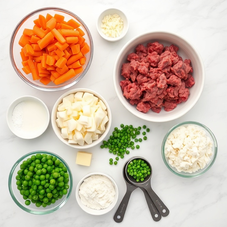 Raw ingredients for Classic Shepherd's Pie: ground beef, carrots, onions, peas, mashed potatoes, garlic, butter, milk, flour, salt, pepper. Measuring bowls and spoons. Bright even light. White marble surface. Photorealistic overhead food photography. No text. No watermark.