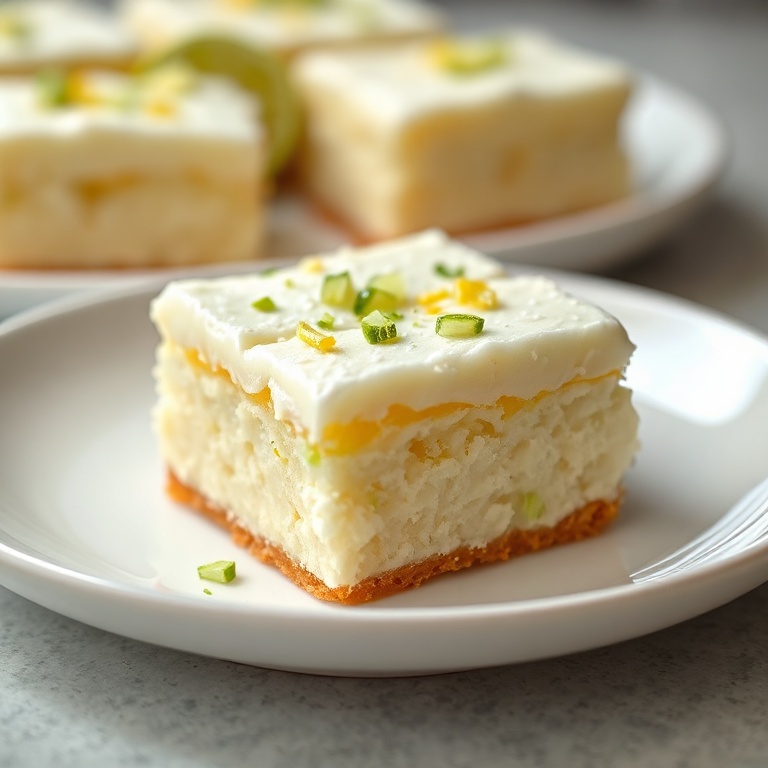 One perfect serving of lime frosted coconut bars. Garnished with lime zest. Close crop on white plate. Warm lighting shows creamy texture. Photorealistic food photography.