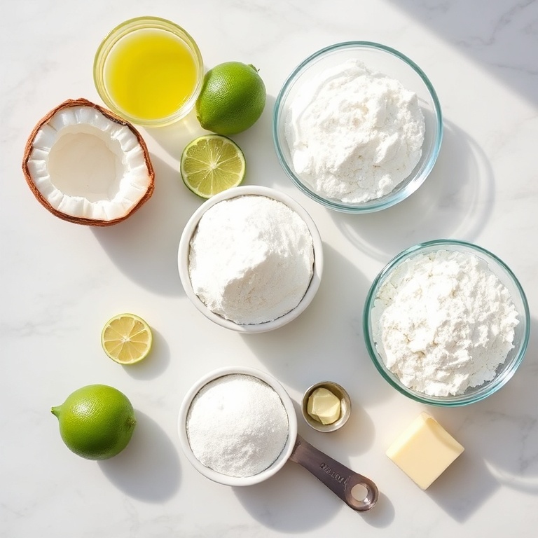 Raw ingredients for lime frosted coconut bars. Coconut, lime juice, sugar, flour, and butter. Measuring spoons and bowls. Bright even light on white marble surface.