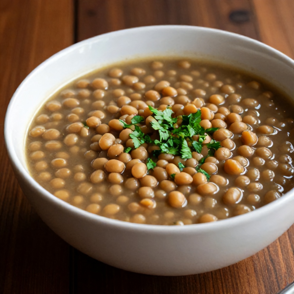 Bowl of split pea soup with a sprinkle of parsley