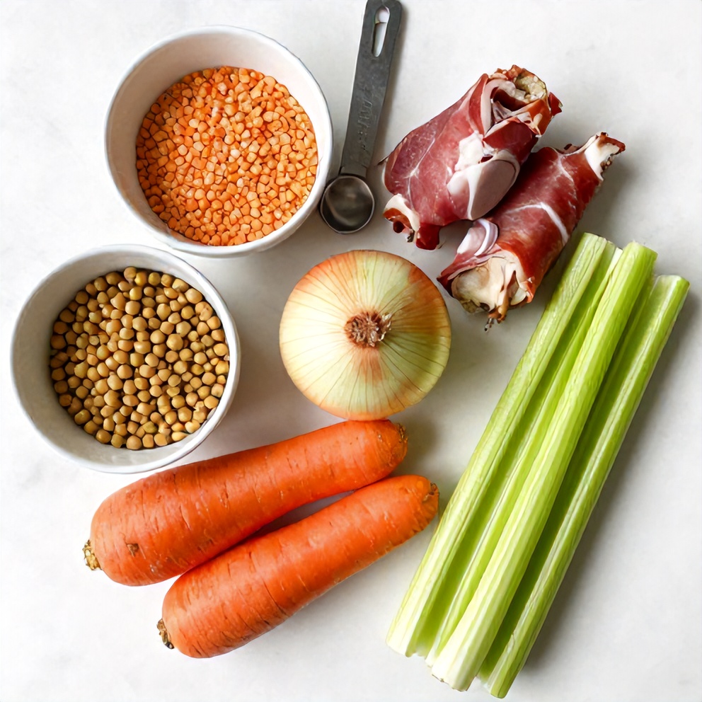 Split pea soup ingredients on a wooden surface