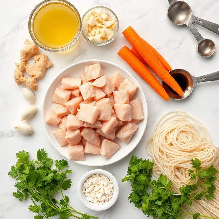 Raw ingredients for Ginger Garlic Chicken Noodle Soup