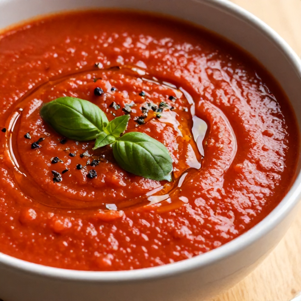 Bowl of creamy Mediterranean Tomato and Roasted Pepper Soup with a drizzle of olive oil and a sprinkle of fresh basil