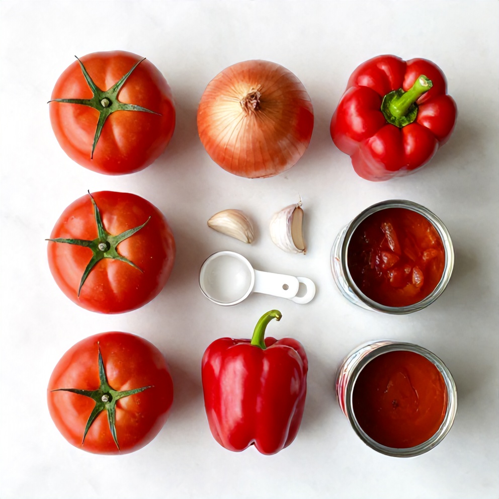 Raw ingredients for Mediterranean Tomato and Roasted Pepper Soup on a wooden surface