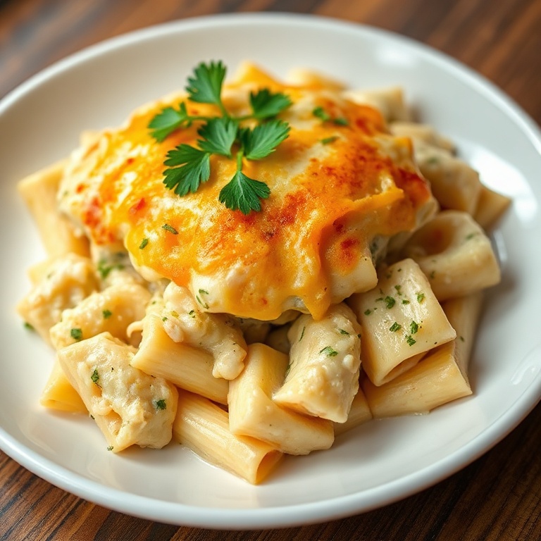 Perfect plated serving of creamy baked chicken tetrazzini pasta. Topped with fresh parsley and golden, melty cheese.