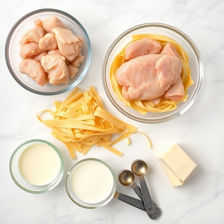 Raw ingredients for creamy baked chicken tetrazzini pasta. Chicken, pasta, cheese, cream of mushroom soup, and butter arranged in an overhead flat lay.