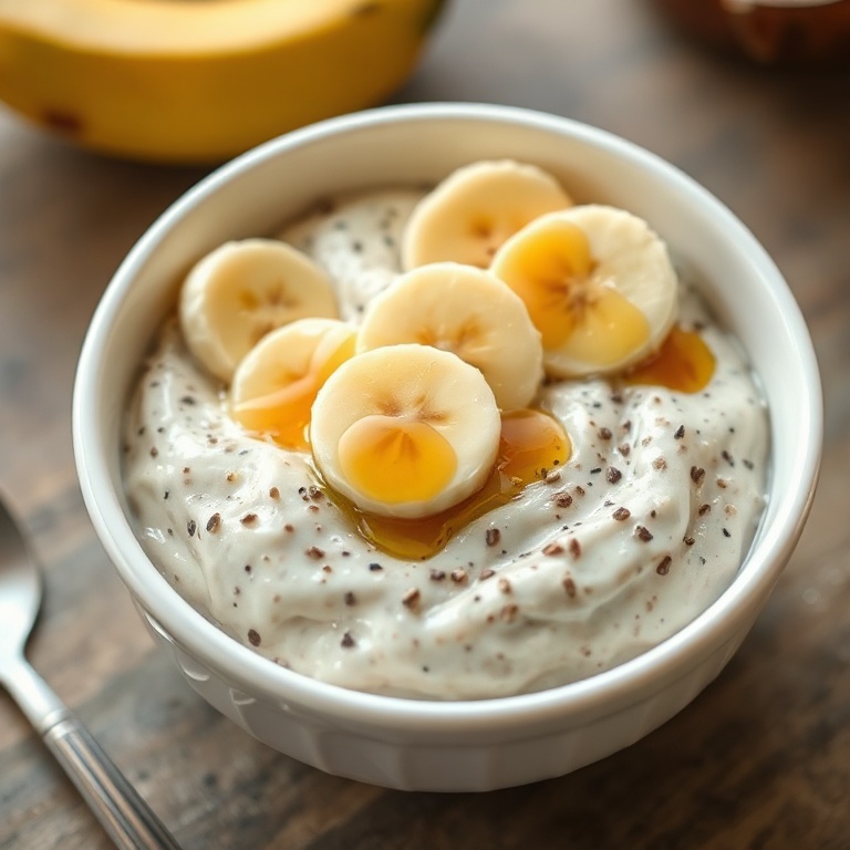 A perfect serving of creamy banana coconut chia pudding in a white bowl. Garnished with banana slices and a drizzle of honey.