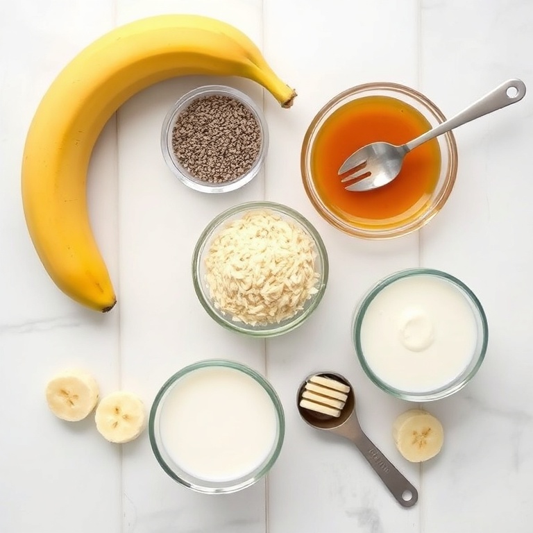 All the raw ingredients for creamy banana coconut chia pudding. Banana, chia seeds, coconut milk, honey, and banana slices arranged in a flat lay.