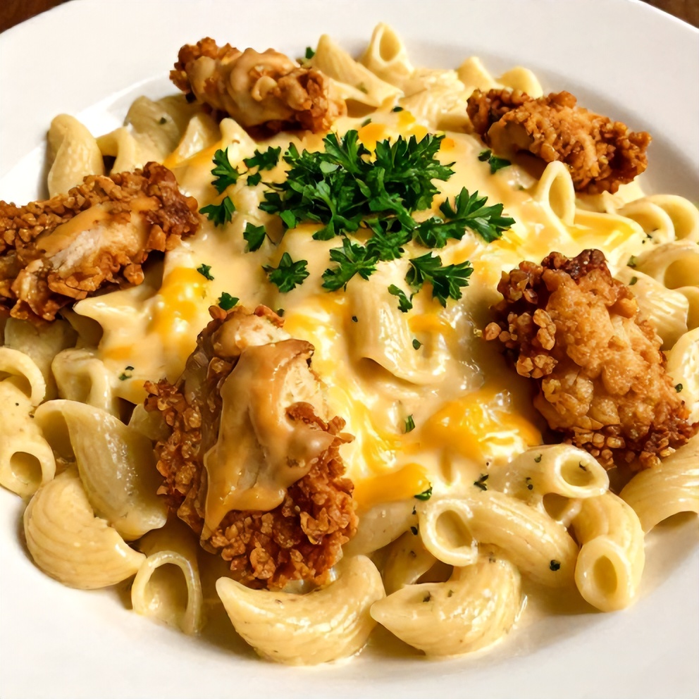 A close-up of creamy Cajun chicken pasta with melted cheese and crispy chicken