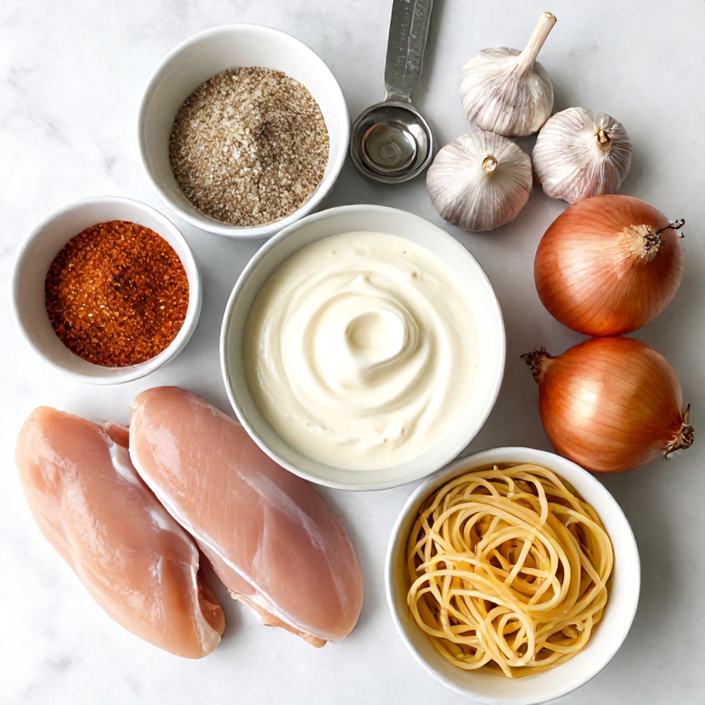 Raw ingredients for creamy Cajun chicken pasta laid out on a wooden surface
