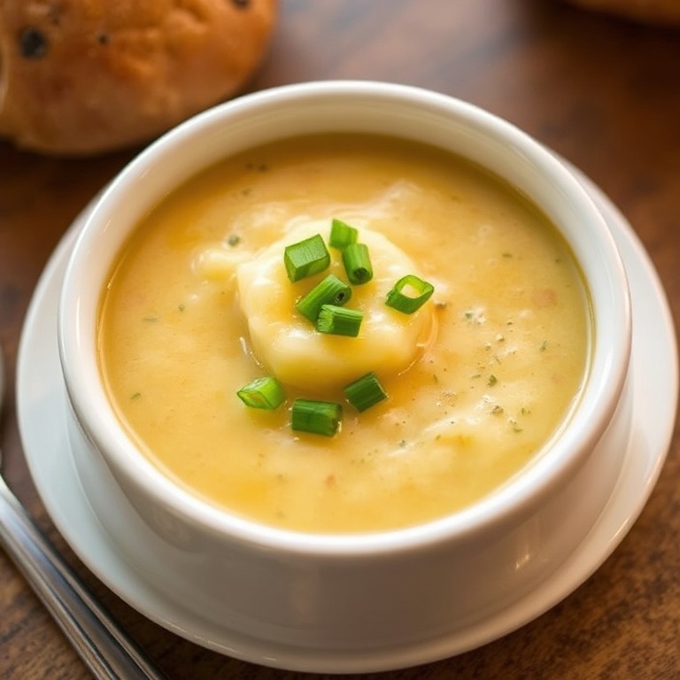 A single serving of creamy cajun potato soup in a white ceramic bowl. A sprinkle of green onions tops the soup. Warm lighting highlights the texture and color of the dish.