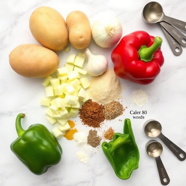 Raw ingredients for creamy cajun potato soup. Potatoes, onion, garlic, bell pepper, and cajun seasoning arranged on a white marble surface. Measuring cups and spoons nearby.