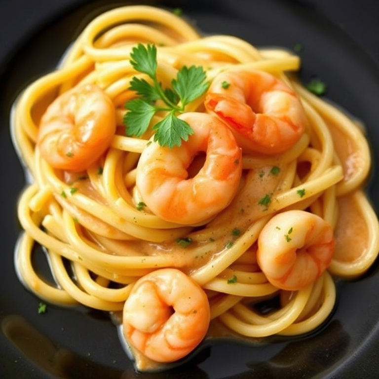 A single serving of creamy Cajun shrimp pasta. The dish is garnished with parsley. The plate is dark with a glossy sauce and visible shrimp.