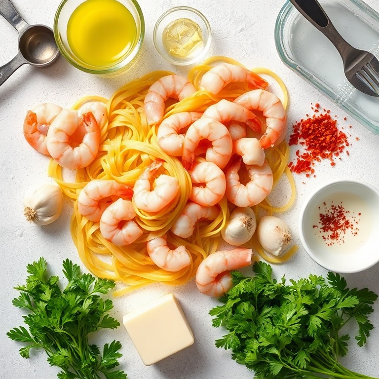 A flat lay of shrimp, fettuccine, garlic, butter, red pepper flakes, and parsley. Measuring tools and bowls are visible. Bright natural light adds clarity.