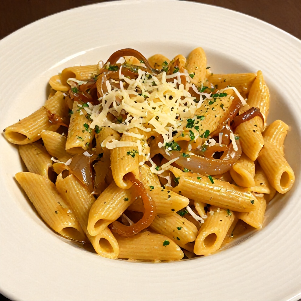 A perfectly plated creamy caramelized onion pasta with parsley and cheese