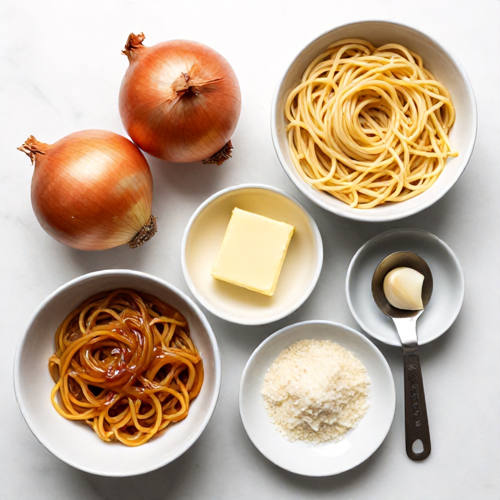 Raw ingredients for creamy caramelized onion pasta including onions, pasta, garlic, butter, and Parmesan
