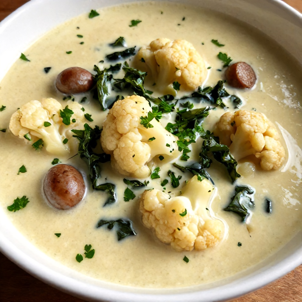 One perfect serving of Creamy Cauliflower Sausage Kale Soup plated, garnished with fresh parsley, close crop
