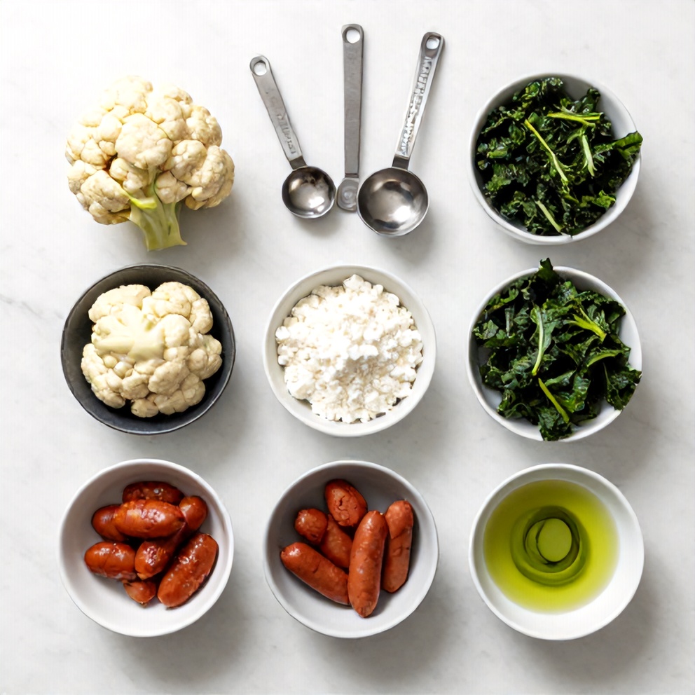 Raw ingredients for Cauliflower Sausage Kale Soup arranged in an overhead flat lay, measuring spoons and bowls visible