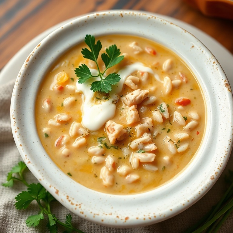 A perfectly plated bowl of creamy chicken and wild rice soup. Topped with fresh parsley and a drizzle of cream for extra richness.