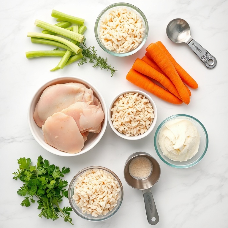 Raw ingredients for creamy chicken and wild rice soup arranged in a flat lay. Chicken, wild rice, carrots, celery, and onion are the main visuals.