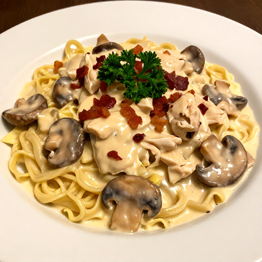 Plated Creamy Chicken Stroganoff with Mushrooms and Egg Noodles