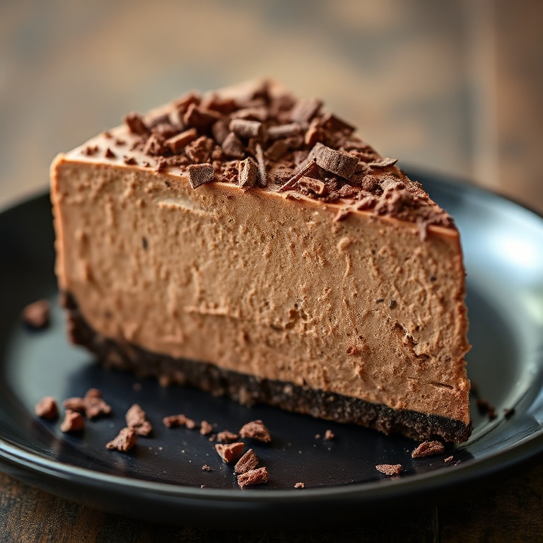 One perfect slice of creamy chocolate cheesecake. Topped with chocolate shavings. Close crop filling 90% of frame. Dark plate with warm lighting showing texture.