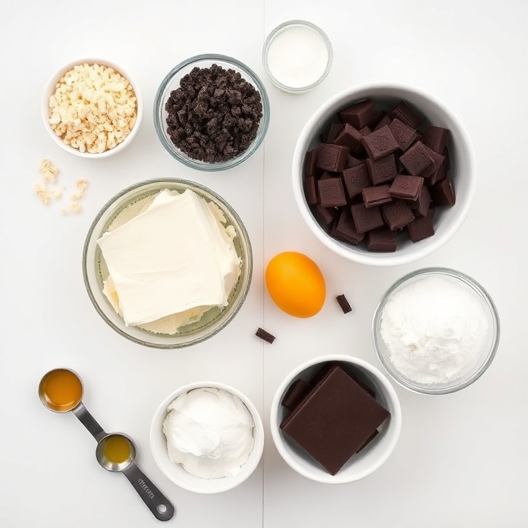 Overhead flat lay of all raw ingredients for creamy chocolate cheesecake. Oreo crumbs, cream cheese, chocolate, eggs, and sugar. Measuring spoons and bowls visible. Bright light and white surface.