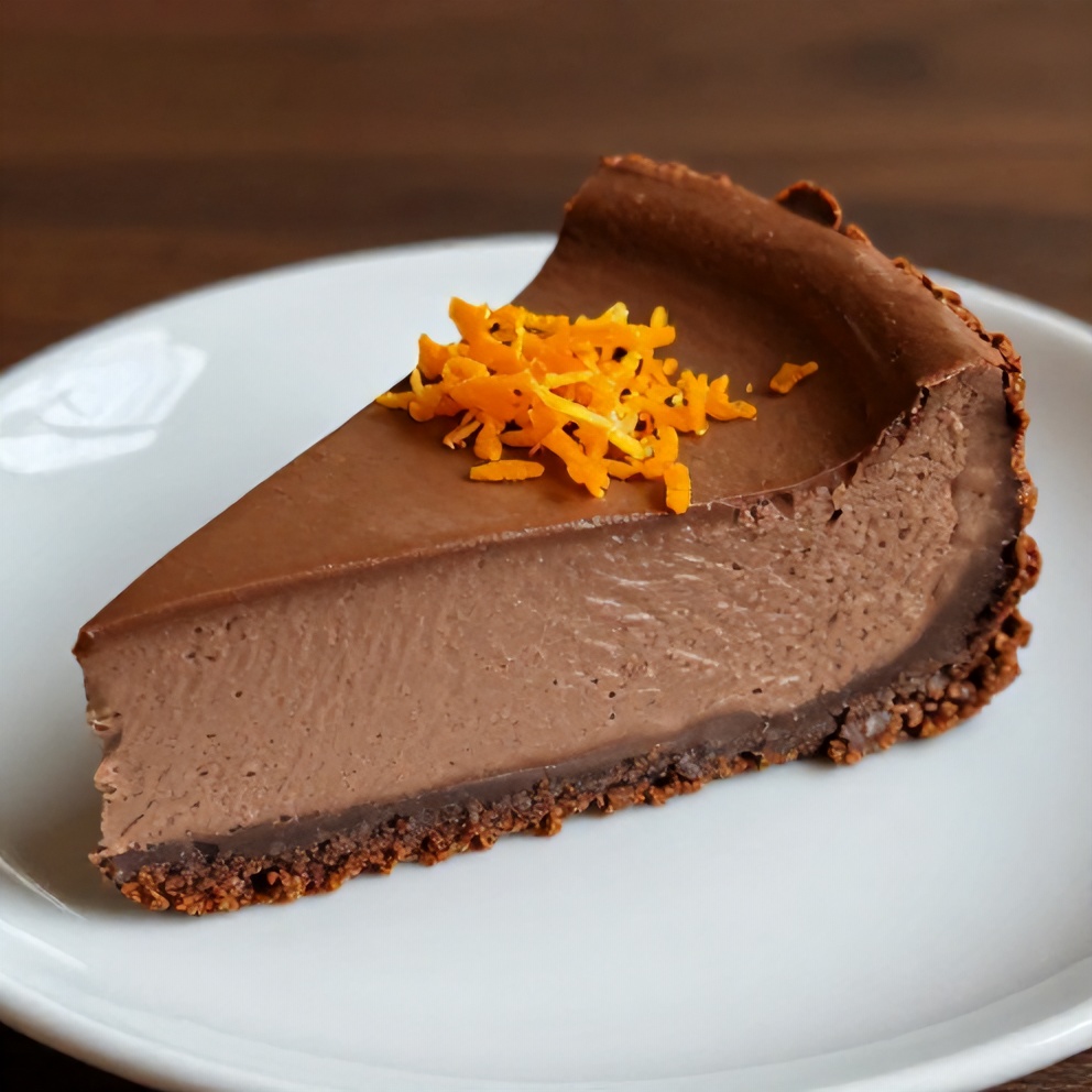 Sliced chocolate orange cheesecake on a dessert plate