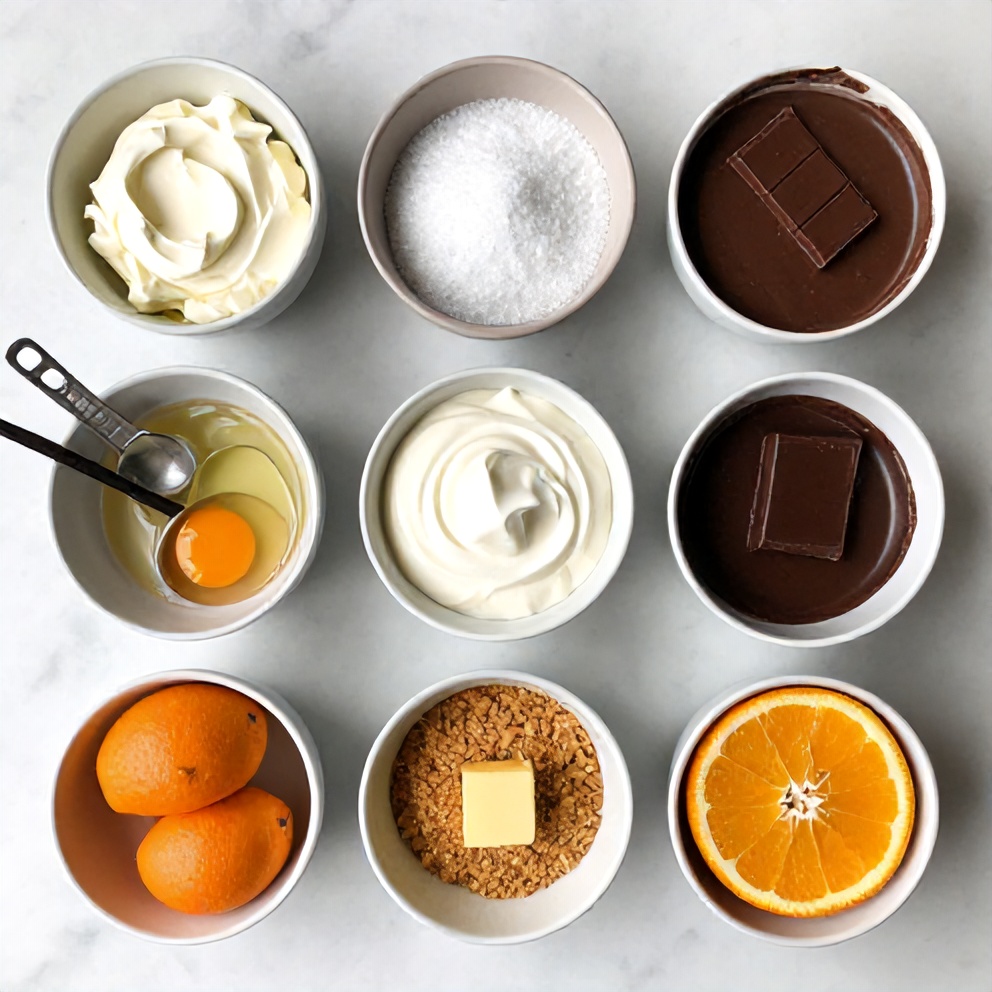 Raw ingredients for chocolate orange cheesecake on marble surface